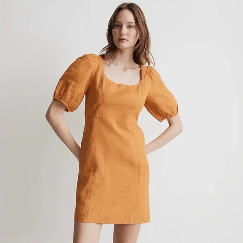 Madewell Maisie Linen Mini Dress Puff Sleeve Square Neck Cottagecore NWT Sz 14
